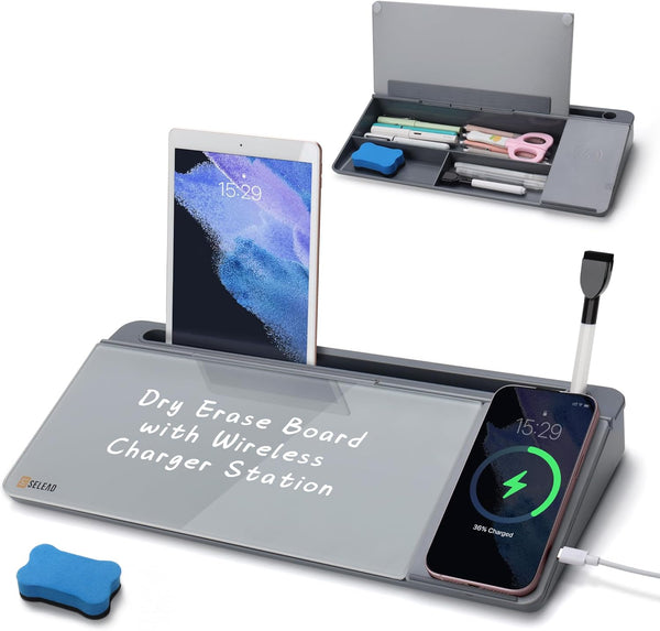 SELEAD Desktop Glass Whiteboard with Wireless Charger Station, Dry Erase Board for Home, School, Office Desk