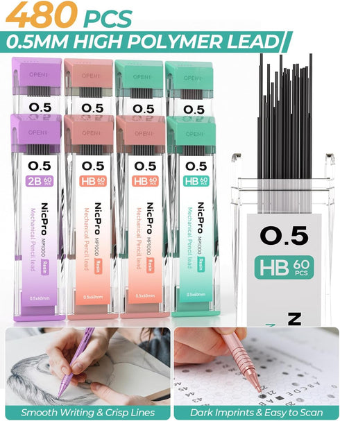 Nicpro 0.5mm Mechanical Pencils Set, 3PCS Metal Pencils with Case, 480PCS Lead Refills, 3 Erasers for Art