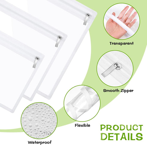 CHENGU 9 Pack Clear Waterproof Zipper Pouches for Cosmetic, Wallet, Pencil Organizing, Clear Travel Bags (White Side)