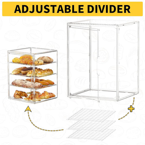 Awelov Countertop, 4 Bread Box for Kitchen Layers Pastry Display Case with Magnetic Door, Adjustable Clear Bread