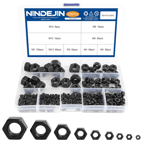 NINDEJIN 326 pcs Metric Black Hex Nuts Assortment Kit M2 M2.5 M3 M4