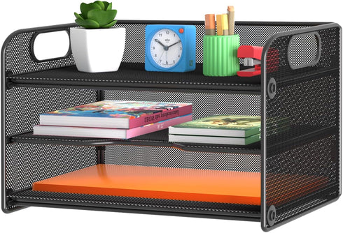 Samstar 3 Tier Letter Tray Paper Organizer with Handle, Mesh Desk Sorter File Rack, Black