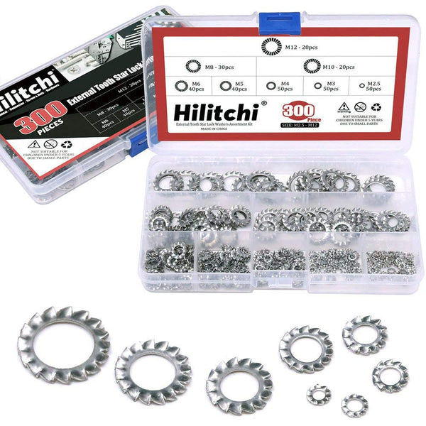 Hilitchi 300-Pcs Assortment Kit of 304 Stainless Steel External Tooth Star Lock Washers - M2.5 M3 M4 M5 M6 M8 M10 M12