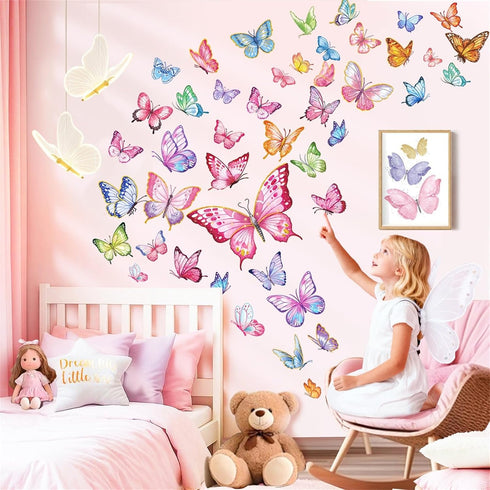 decalmile Pink Butterfly Wall Stickers Colorful Watercolor Butterflies Wall Decals Baby Nursery Bedroom Girls Room Home