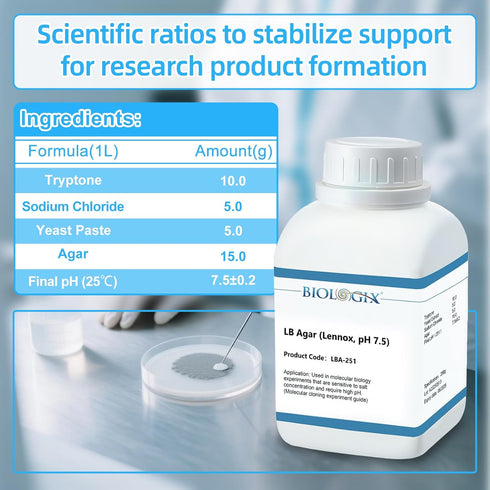 LB LB 250 Agar Medium, Luria Low Salt, Powder, Laboratory Grade with Tryptone, Yeast Paste & Sodium Chloride, Agar