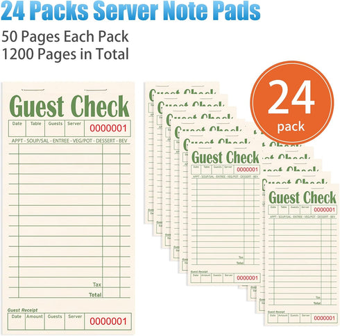 24 Pack, 1200 Guest Checks Books for Servers, Server Note Pads, Natural Color Paper, Waitress Notepad for Restaurants