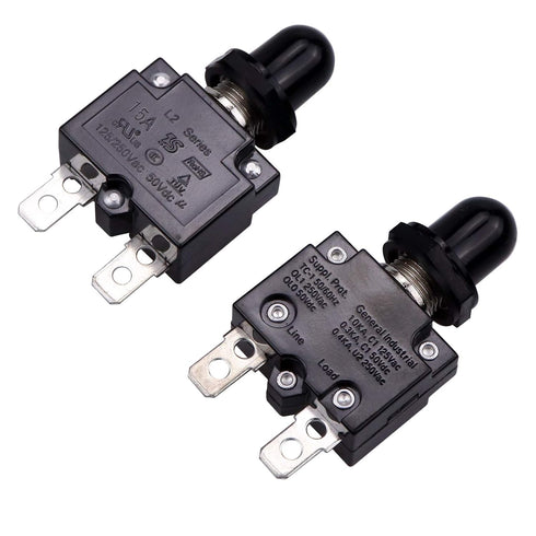 15 Amps Push Button Circuit Breakers, Thermal Overload Protector, 125/250V AC, 50V DC, 2 Pcs, Waterproof Button