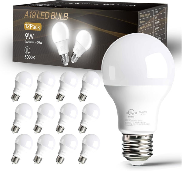 dalattin 12 Pack A19 LED Bulbs, 9W Equivalent 60 Watts, 5000K Daylight, 800 LM