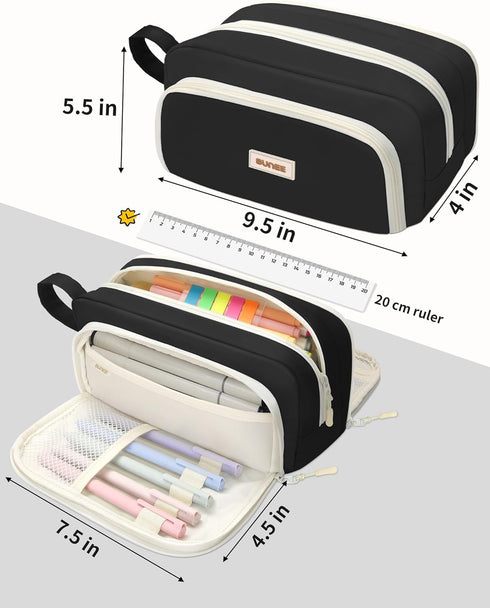 SUNEE Aesthetic Pencil Case, Kawaii Large Pen Pouch with 3 Compartments, Black Stationery Organizer for Teen Girls