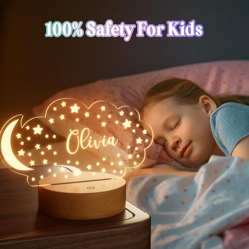 Personalized Baby Gift Name Night Light for Kids Girls Boys Nursery Decor with Stars & Cloud Acrylic Light - Includes