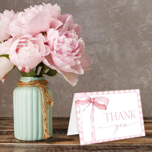 50Pcs JarThenaAMCS Pink Bow Thank You Cards with Envelopes Stickers Greeting Card Watercolor Bow Checkered Blank Note