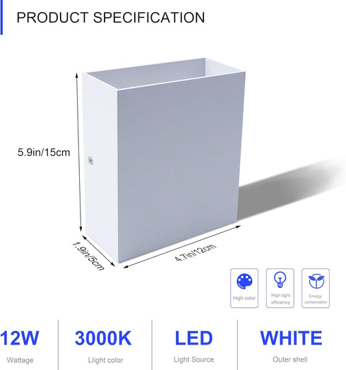 Set 12W (White-1pcs) KICAAO LED Wall Sconces of Two, Modern Wall Lamp, White Up Down Wall Mount Lights for Living Room