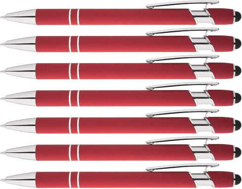 Rainbow Rubberized Soft Touch Ballpoint Pen with Stylus Tip, Premium Metal, Black Ink, Medium Point - Box of 7 (RED)