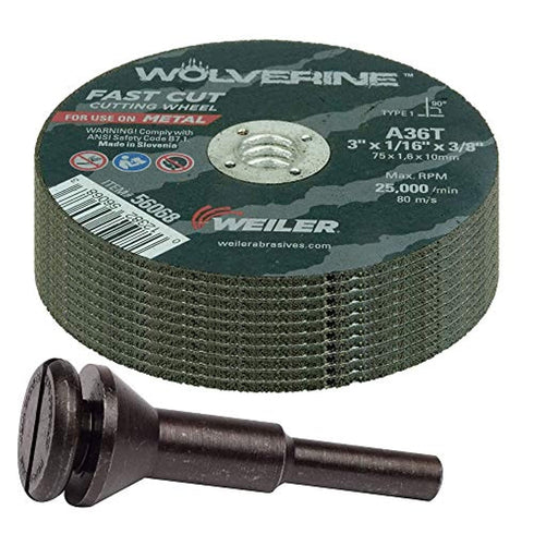 Weiler 56089 Die Grinder Cut-Off Wheel and Mandrel Kit, 3-Inch x 1/16" Wolverine T1 Thin Wheels, 1 Mandrel