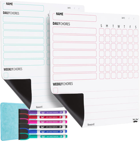 Mr. Pen Magnetic Dry Eraser Chore Chart for Multiple Kids, 2 Pack, Includes 6 Eraser Cap Markers, Magnetic Chore Board