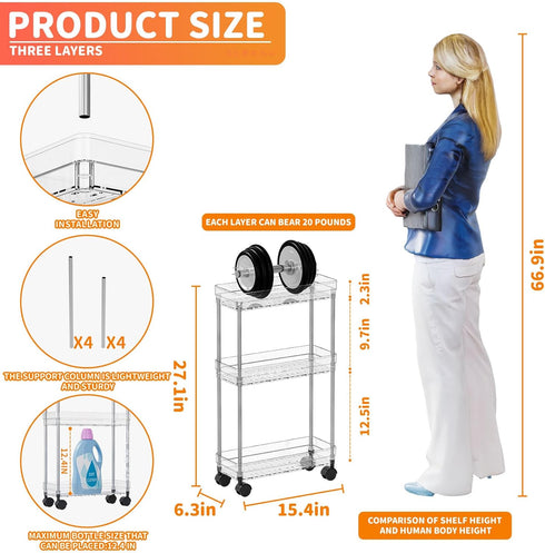 Yieach 3 Wheels,6.3W Clear Tier Slim Rolling Storage Cart with Thin Shelf,Bathroom Storage Cabinet,Skinny Laundry