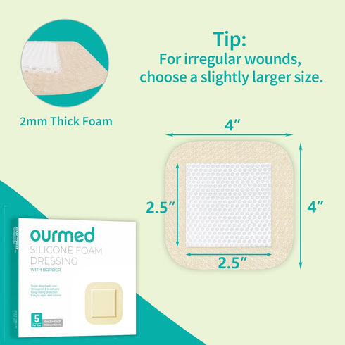4" 4", 10 Pack Ourmed Silicone Foam Dressing with Border Adhesive - Large Absorbent Waterproof Bandage for Wound Care