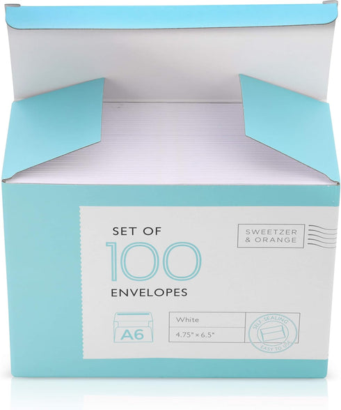 Sweetzer & Orange A6 Envelopes for 4x6 Cards, 100 with Box, White Self Seal, Luxury 150gsm for Greeting Cards