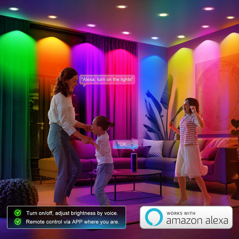 6 Inch, 13W 1300LM, Dimmable, 1 Pack Smart Recessed Lighting RGBCW Color Changing LED Can Lights Bluetooth, Flicker
