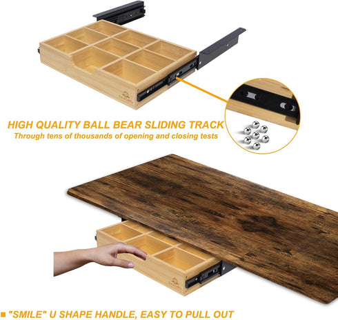 Under Desk Bamboo Drawer with U-Shaped Hollow Panel, Adjustable Space Storage Organizer for Sit Stand Workstation