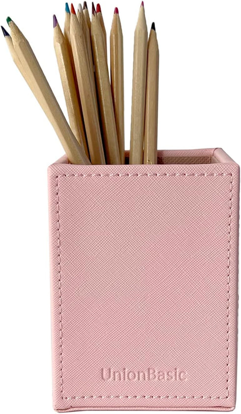 UnionBasic Square Pen Holder, Pink Leather Pencil Cup, Taiga Pattern Desktop Caddy Stationery Organizer