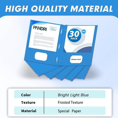 PANDRI Two Pocket Folders, 30 Pack with Prongs, Designed for Office and Classroom, Letter Size Light Blue
