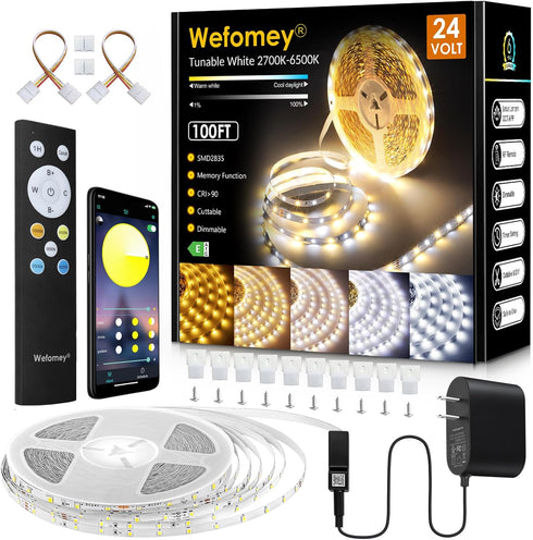 Wefomey White LED Strip Lights, 100ft Dimmable Bright 24V Led Tape Light with