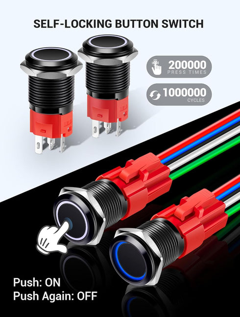 16mm 12V 0.63" SARDVISA Latching Push Button Switch, DC On Off Power Button with LED Angel Eye Ring Light, Mounting