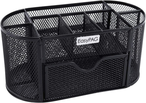 EasyPAG Desk Organizer, Mesh Desktop Caddy with 8 Compartments and 1 Drawer for Office Supplies (Black)