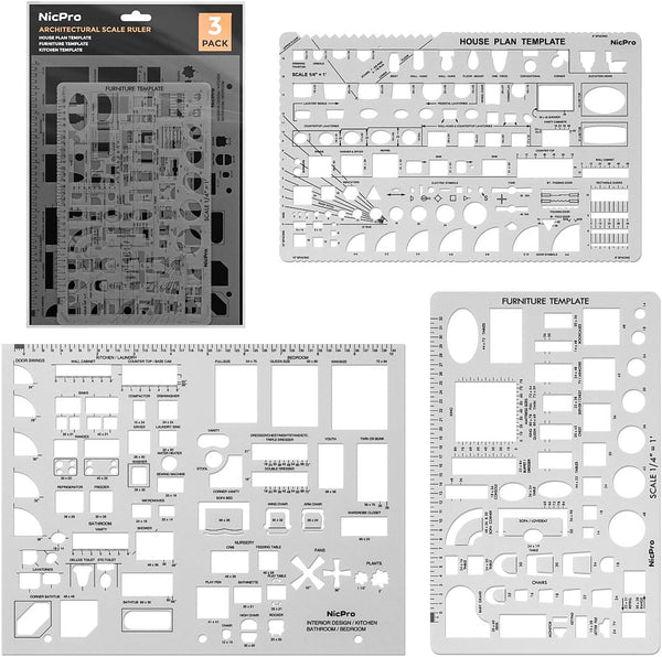 Nicpro Architectural Drafting Tools, 3 PCS Templates for House Plan Furniture, Interior Design CAD Drawing