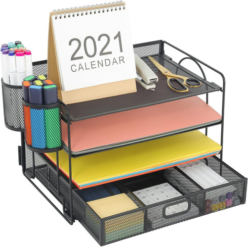 Marbrasse 4-Trays Desktop File Organizer with Pen Holder | Paper Letter Tray with Drawer and 2 Pen Holders