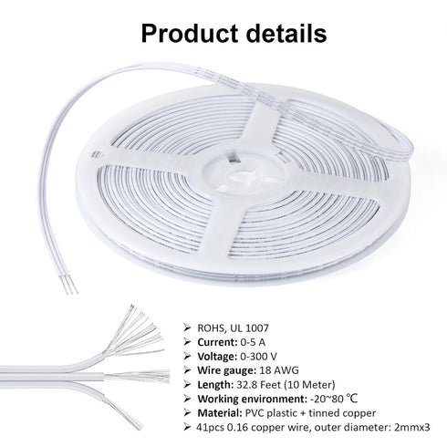 RGBZONE 32.8FT/10M 18AWG 3-Pin Wire, Tinned Copper Stranded Insulated Low Voltage Cable for LED Lights