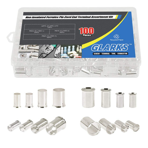 Glarks 100Pcs Copper Crimp Connector Ferrules Pin Cord End Terminal Assortment Kit, AWG 4 2 1 2/0, Silver Plated Non