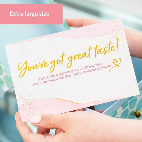 50 4x6 T MARIE Large Gold Foil Thank You Postcards Small Business Supplies for Boutique Shops - Gold and Pink Thank You