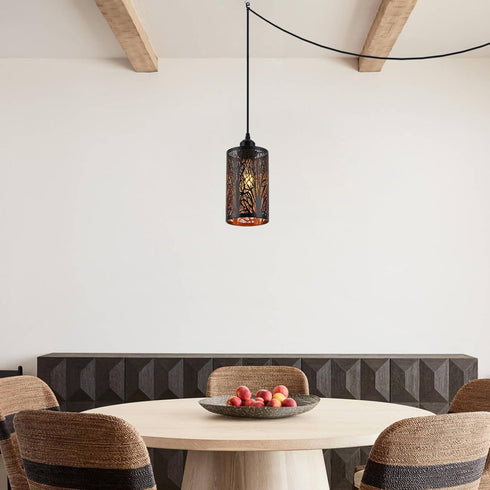 Industrial Black Plug in Pendant Light Vintage Mini Black Gold Hanging Lighting Rustic Hollow-Carved Cylinder Plug