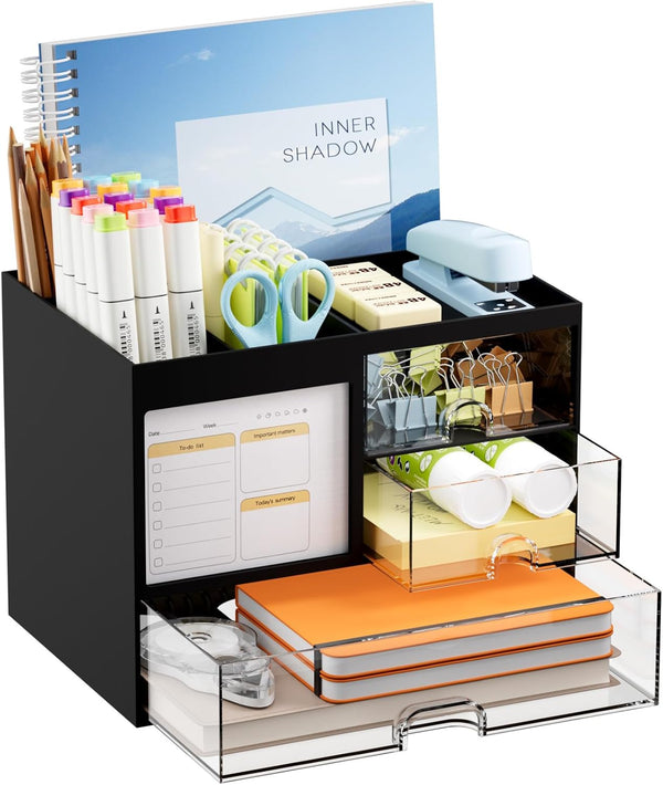 Marbrasse Desk Organizer with 3 Drawer - Multi-Functional Pencil Pen Holder for Desk, 4 Compartments (Black)