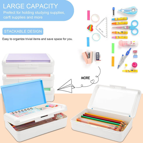 Pencil Box for Office Supplies Storage, Double Layer Large Capacity Organizer Box with Snap-tight Lid, Stackable (Pale