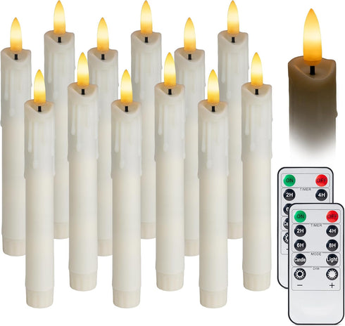 WYZworks 6.75" LED Flameless Mini Taper Candles with Flicker Mode, Battery Operated, 12-Pack, Ivory