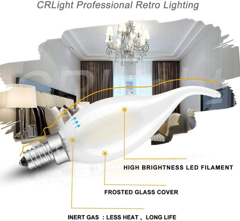 CRLight 2W 4000K LED Candelabra Bulb, 25W Equivalent, E12 Chandelier Dimmable, 6 Pack