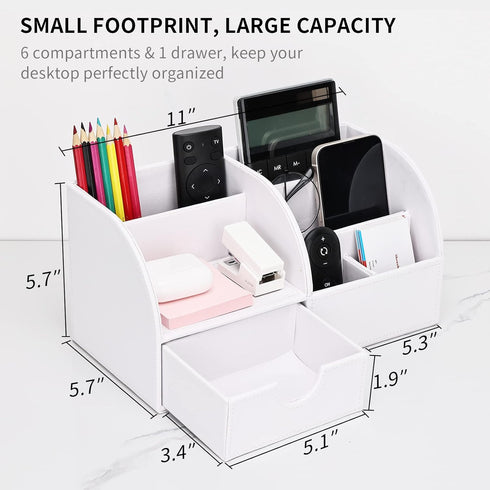 KINGFOM Pu Leather Desk Organizer, White Pen Pencil Holder with 6 Compartments and Drawer, Office Supplies Caddy