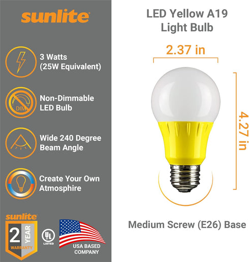 Sunlite 80144 LED A19 Colored Light Bulb, 3 Watts (25w Equivalent), E26 Medium Base, Non-Dimmable, UL Listed, Party Decoration, Holiday Lighting, 1 Count, Yellow by Sunlite