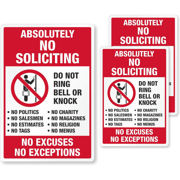 SmartSign No Soliciting Stickers, Pack of 3, One 3.75"x5.5" & Two 2.75"x4", No Excuses No Exceptions, Made in USA