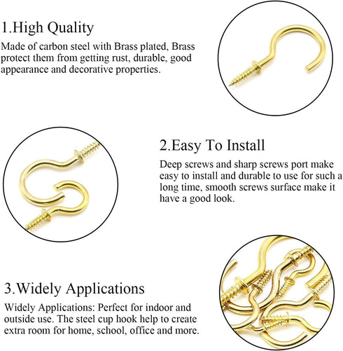 DYWISHKEY Cup Screw Hooks Kit - 136PCS in 7 Sizes, Brass Plated Screw-in Hooks for Home & Office