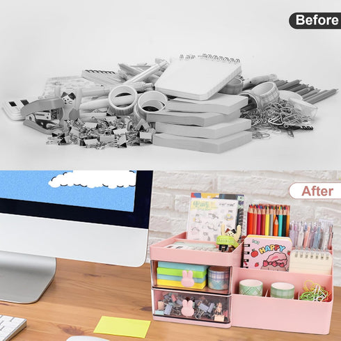 Desk Organizer, Makeup Organizer with 2 Drawers, 7 Compartment Storage for Women, Cute Bathroom Organization, Pink