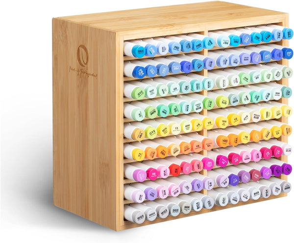 Ohuhu Bamboo Marker Organizer, Wooden Desktop Storage for 126 Markers, Pens, and Art Brushes