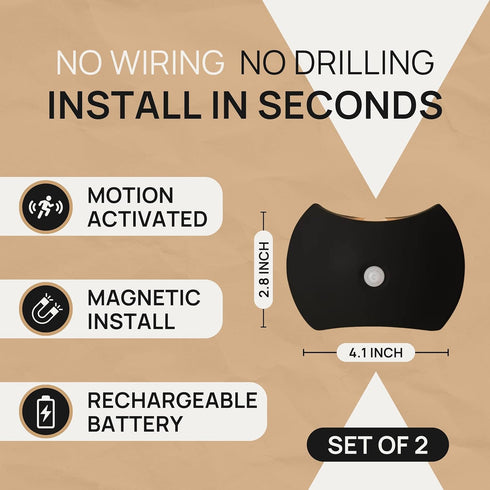 Nooksy Set 3 Battery Operated Wall Sconces of Two, Rechargeable Wireless LED Wall Lights Motion Sensor, No Drill