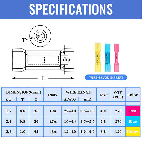 660 PCS Heat Shrink Butt Connectors Qibaok Crimp Electrical Wire Connector Waterproof Insulated for Automotive
