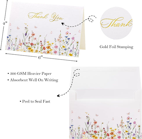 50 4x6 300gsm Crisky Floral Wildflower Thank You Cards with Envelopes, Sealing Matching Stickers, Blank Cards