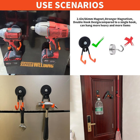 4Pcs Heavy Duty Magnetic Hooks, 66mm Strong Storage Hook with Anti-Slip Coating for Garage Tools