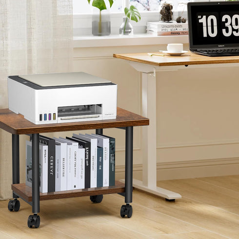 Under Desk Printer Stand, 2-Tier Mobile Printer Table with Storage Shelf, Heavy Duty Wood Rolling Cart for Home, Office